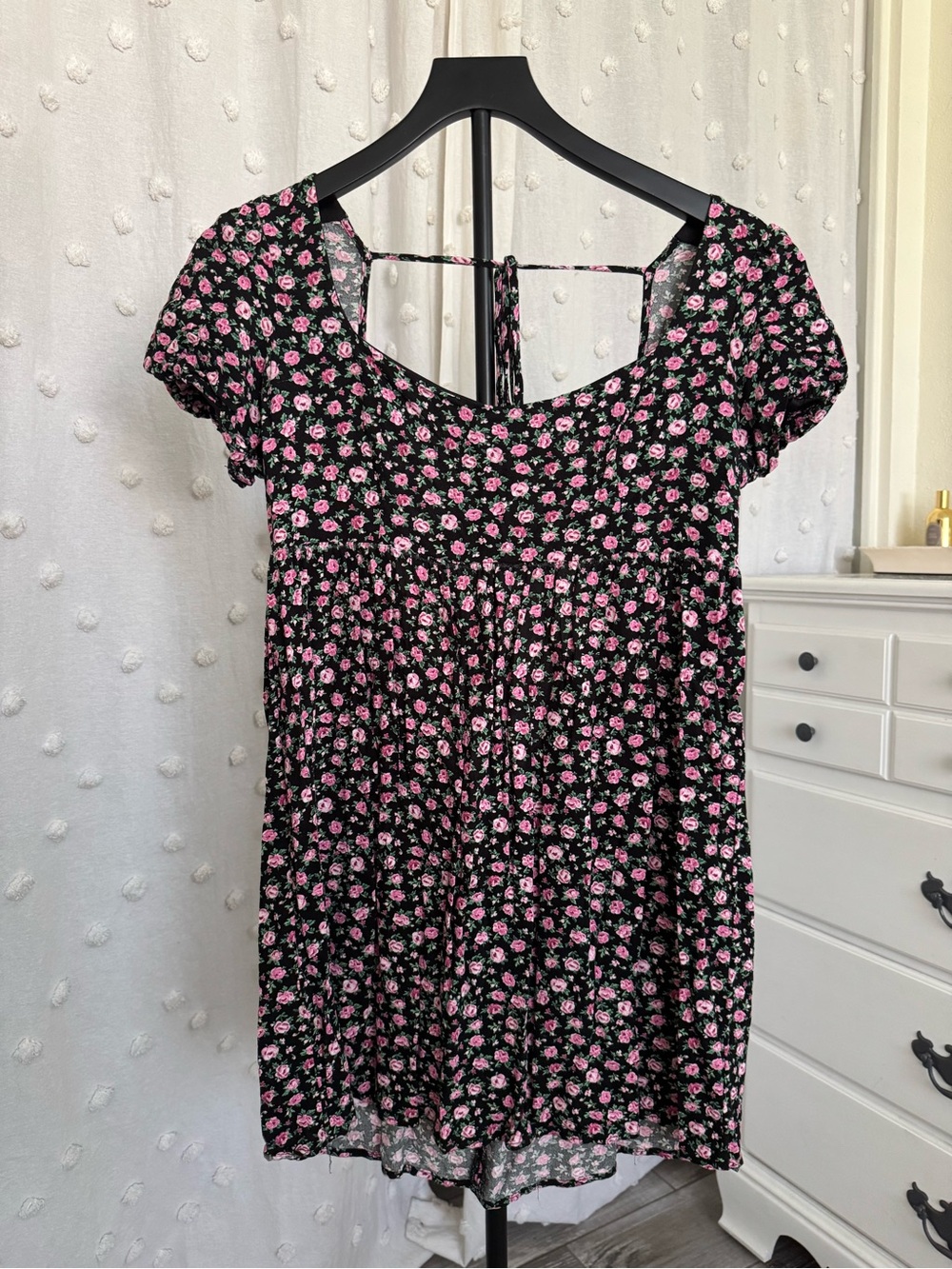 Floral Black Mini Dress with Pink Rose Print and Smocked Waist